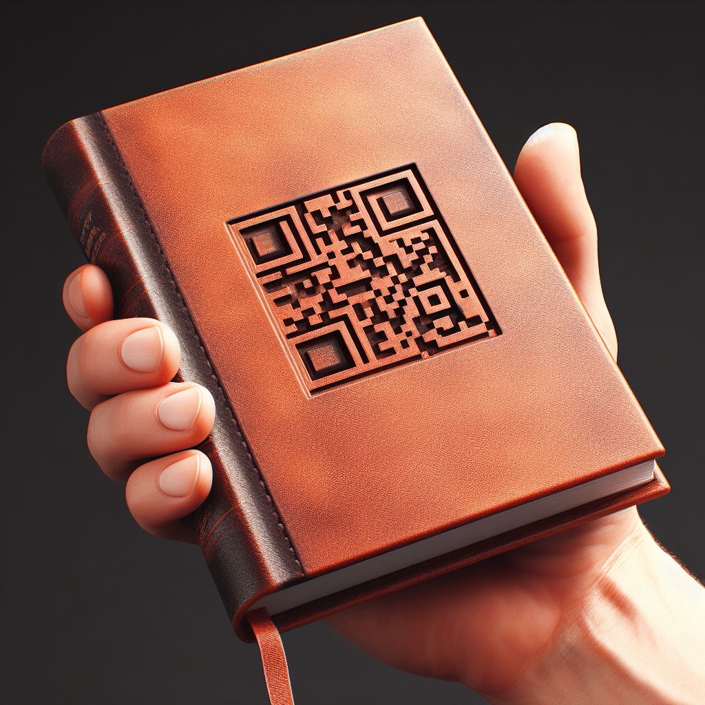 Um livro com capa de couro e um QR Code em alto relevo na capa.